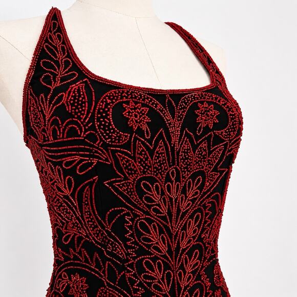 Cache Dresses & Skirts - XS Cache Silk Black Red Beaded Dress Vamp Y2K Dramatic Goth Witchy Glam Luxe 90s
